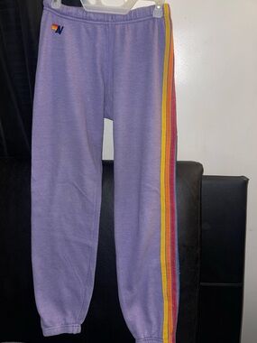Aviator Nation 5 Stripe Lavender Sweatpants with Rainbow Side Size Small